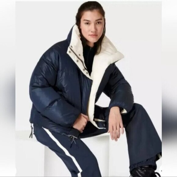 Sweaty Betty Downfill Puffer Reversible Jacket Navy White Large - Picture 2 of 13